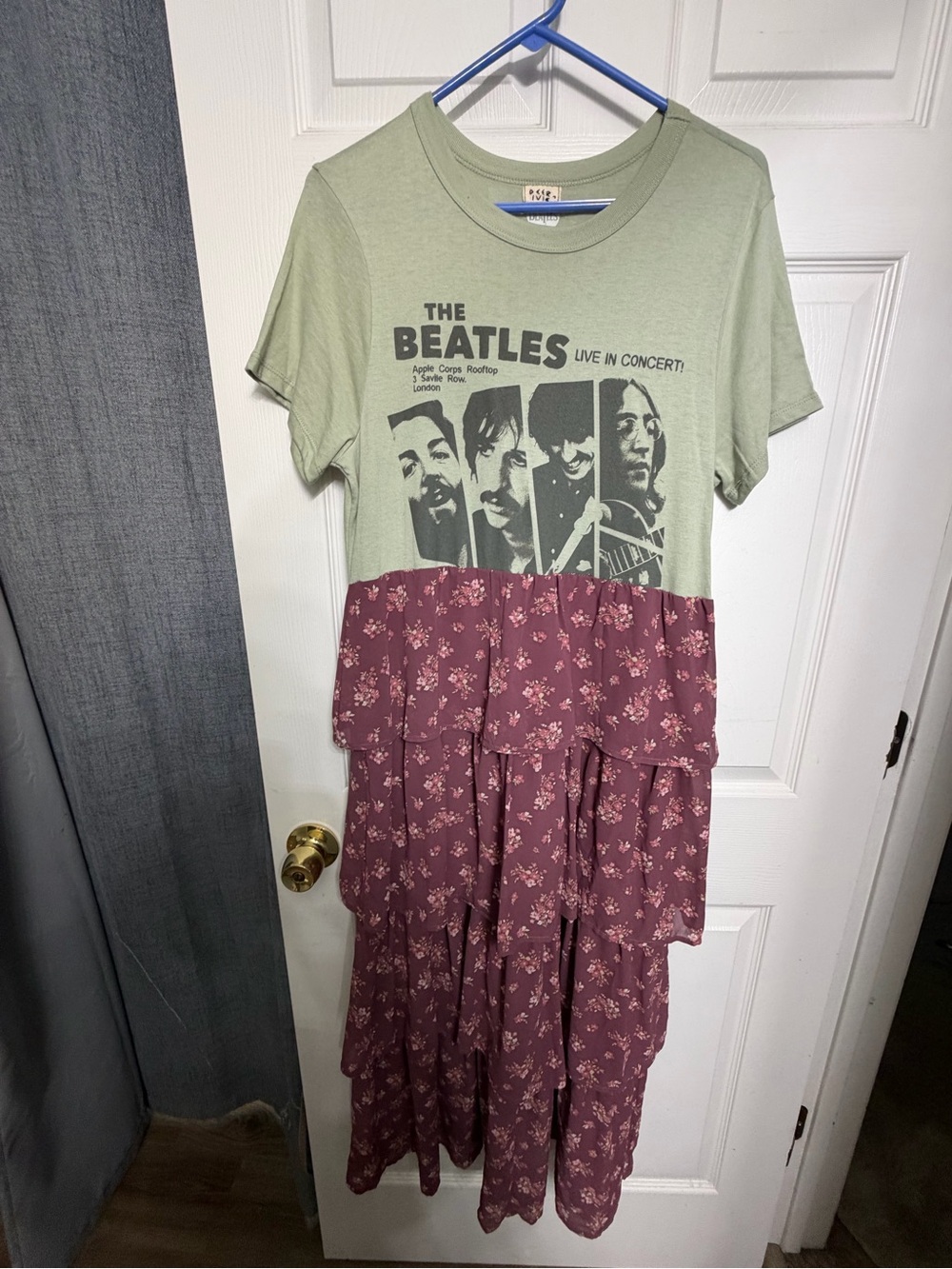 The Beatles Graphic Tiered Green & Mauve Floral Upcycled Dress